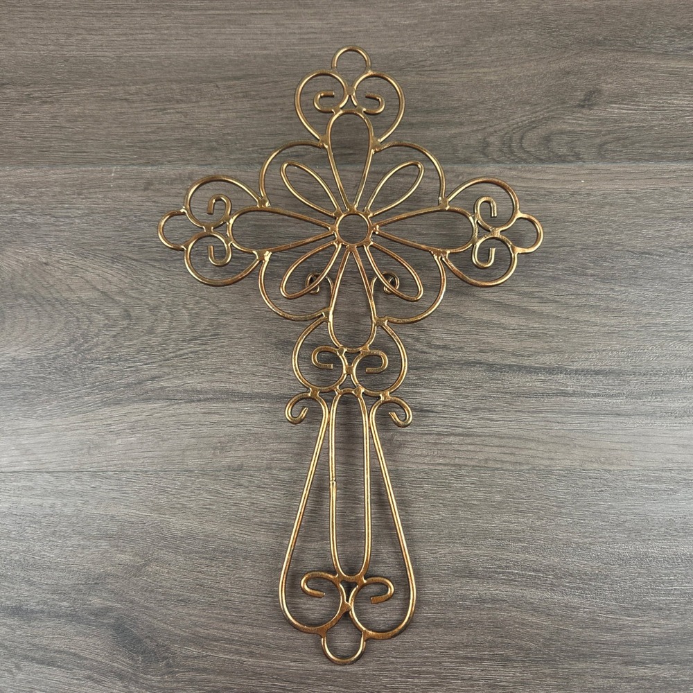 Vintage Metal Wall Cross Bronze Scrollwork Floral Rustic Religious Home Decor